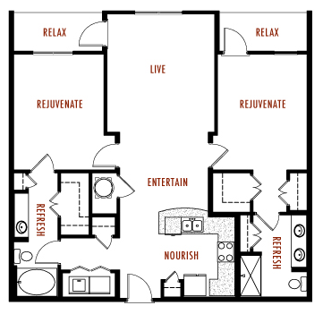 Floor plan for 2 beds, 2 baths, 1332 sqft